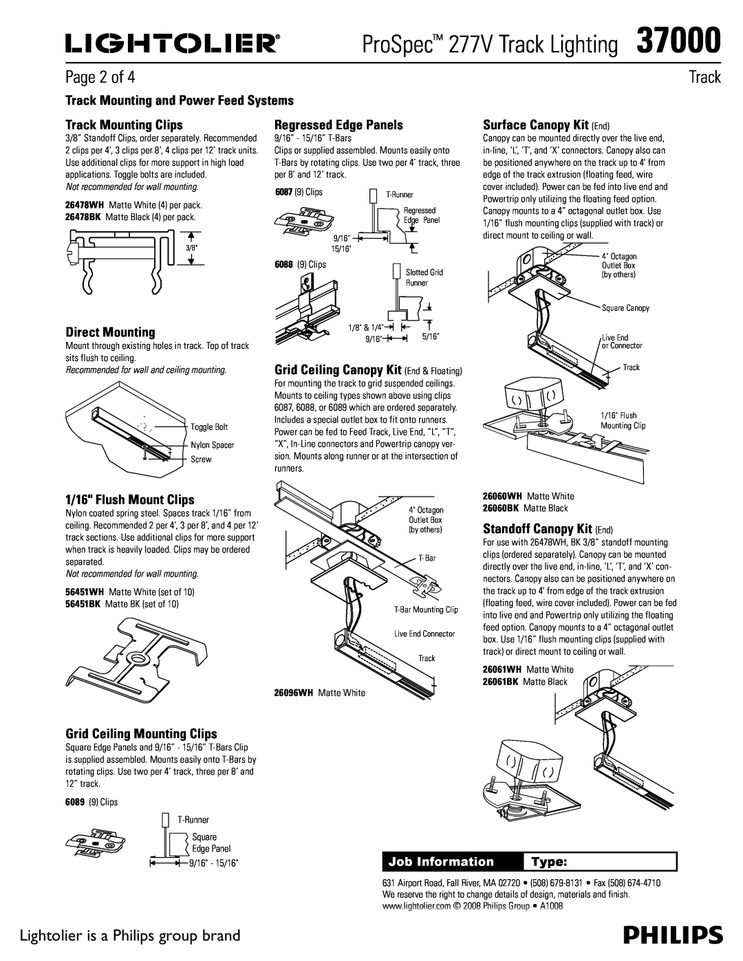 Lightolier 37000 manual Page 2 of, Track Mounting and Power Feed Systems, Track Mounting Clips, Regressed Edge Panels, Type 